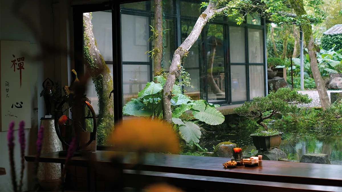 步入前庭，石礫小徑蜿蜒於松柏盆景之間